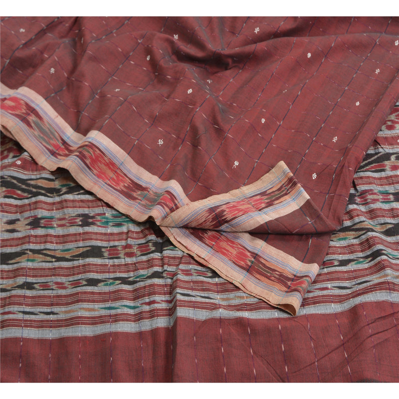 Sanskriti Vintage Sari Rød Odisha Håndvævet Ikat Ren Bomuldssari 5 yards Bæredygtigt Stof