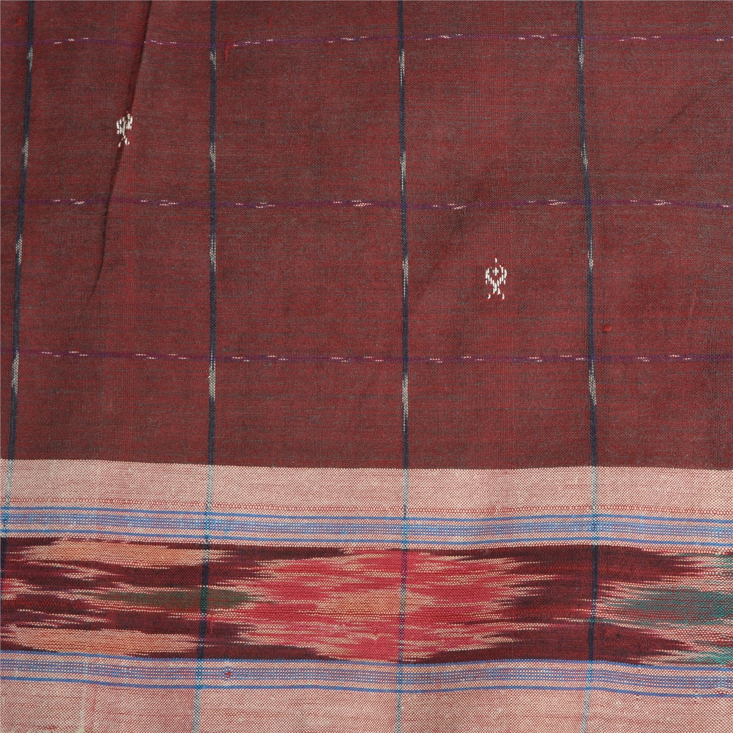 Sanskriti Vintage Saree Red Odisha Hand Woven Ikat Pure Cotton Sari 5yd Sustainable Fabric