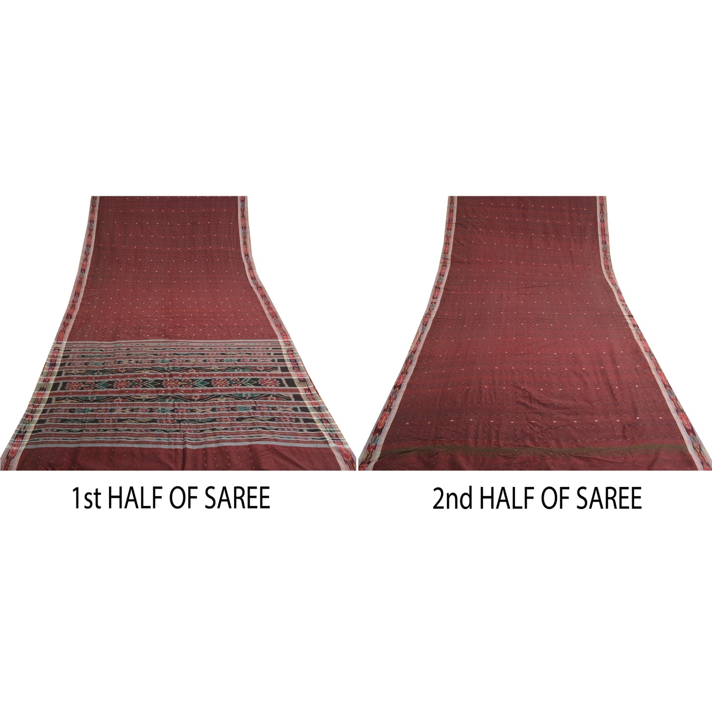 Sanskriti Vintage Saree Red Odisha Hand Woven Ikat Pure Cotton Sari 5yd Sustainable Fabric