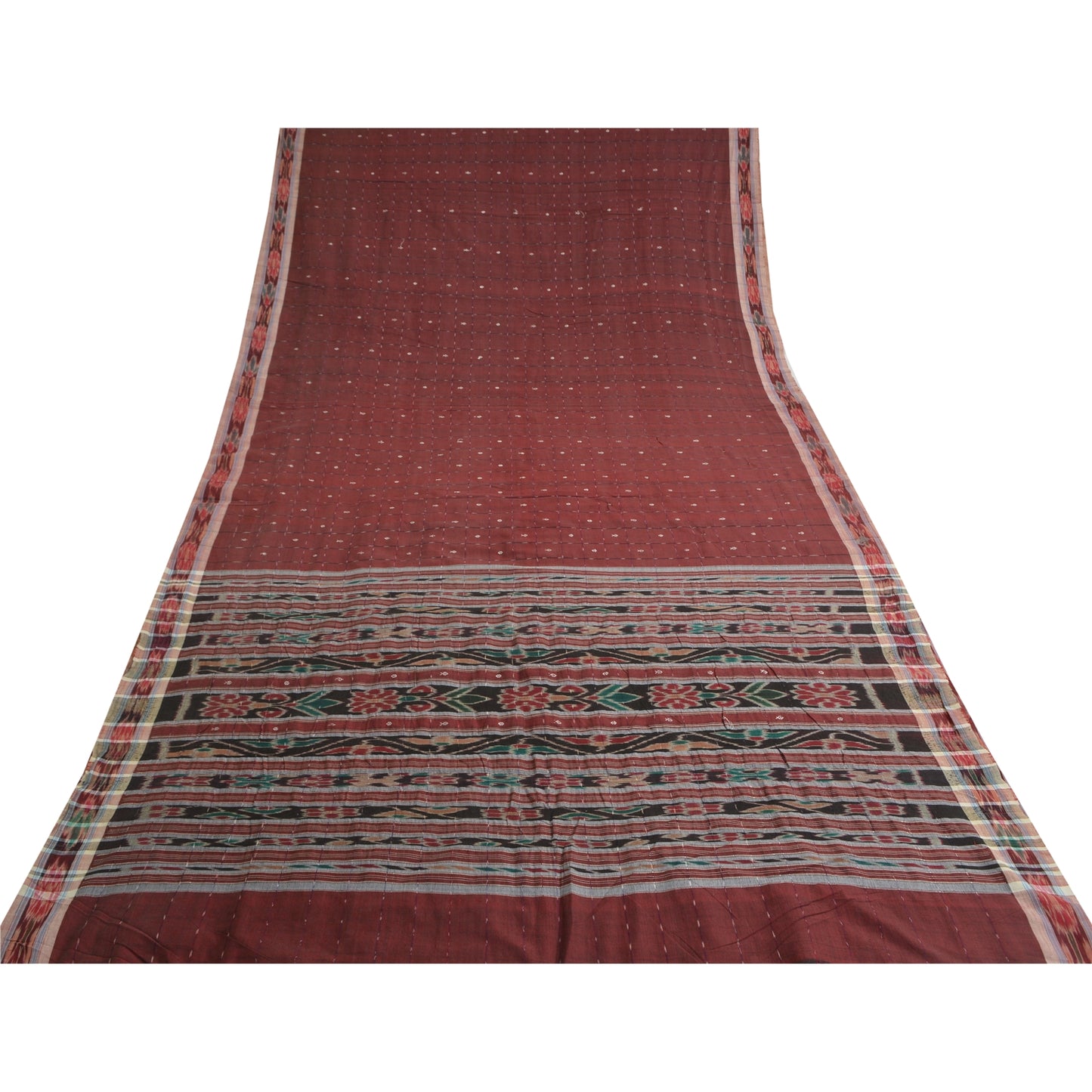 Sanskriti Vintage Saree Red Odisha Hand Woven Ikat Pure Cotton Sari 5yd Sustainable Fabric