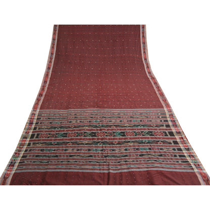 Sanskriti Vintage Saree Red Odisha Hand Woven Ikat Pure Cotton Sari 5yd Sustainable Fabric