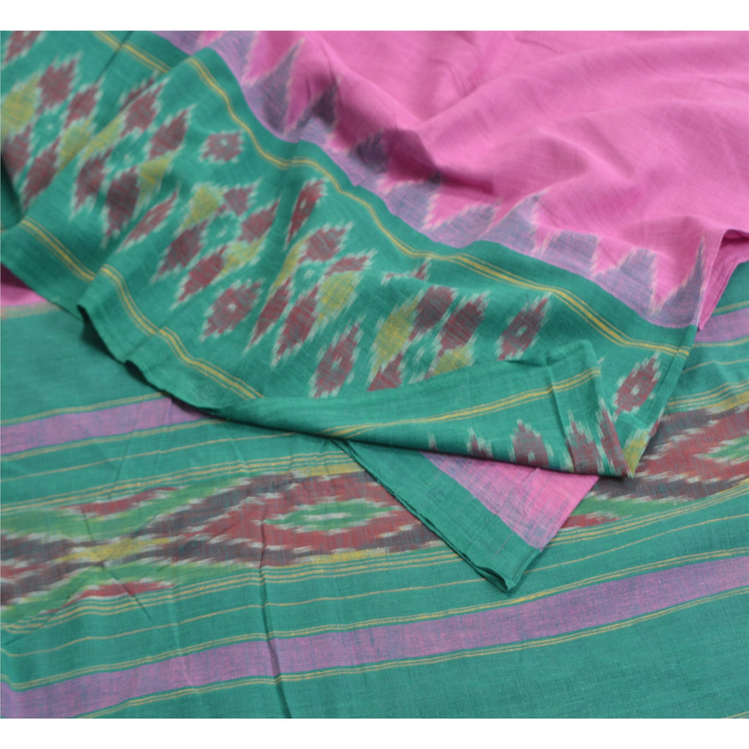 Sanskriti Vintage Sarees Pink Pochampally HandWoven Ikat Pure Cotton Sari Fabric