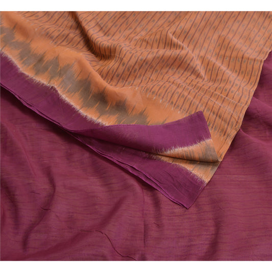 Sanskriti Vintage Sarees Peach/Purple Hand Woven Ikat Pure Silk Sari 5yd Sustainable Fabric
