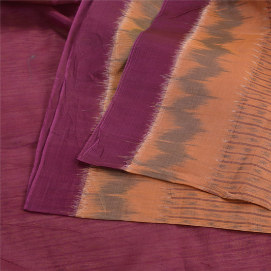 Sanskriti Vintage Sarees Peach/Purple Hand Woven Ikat Pure Silk Sari 5yd Sustainable Fabric