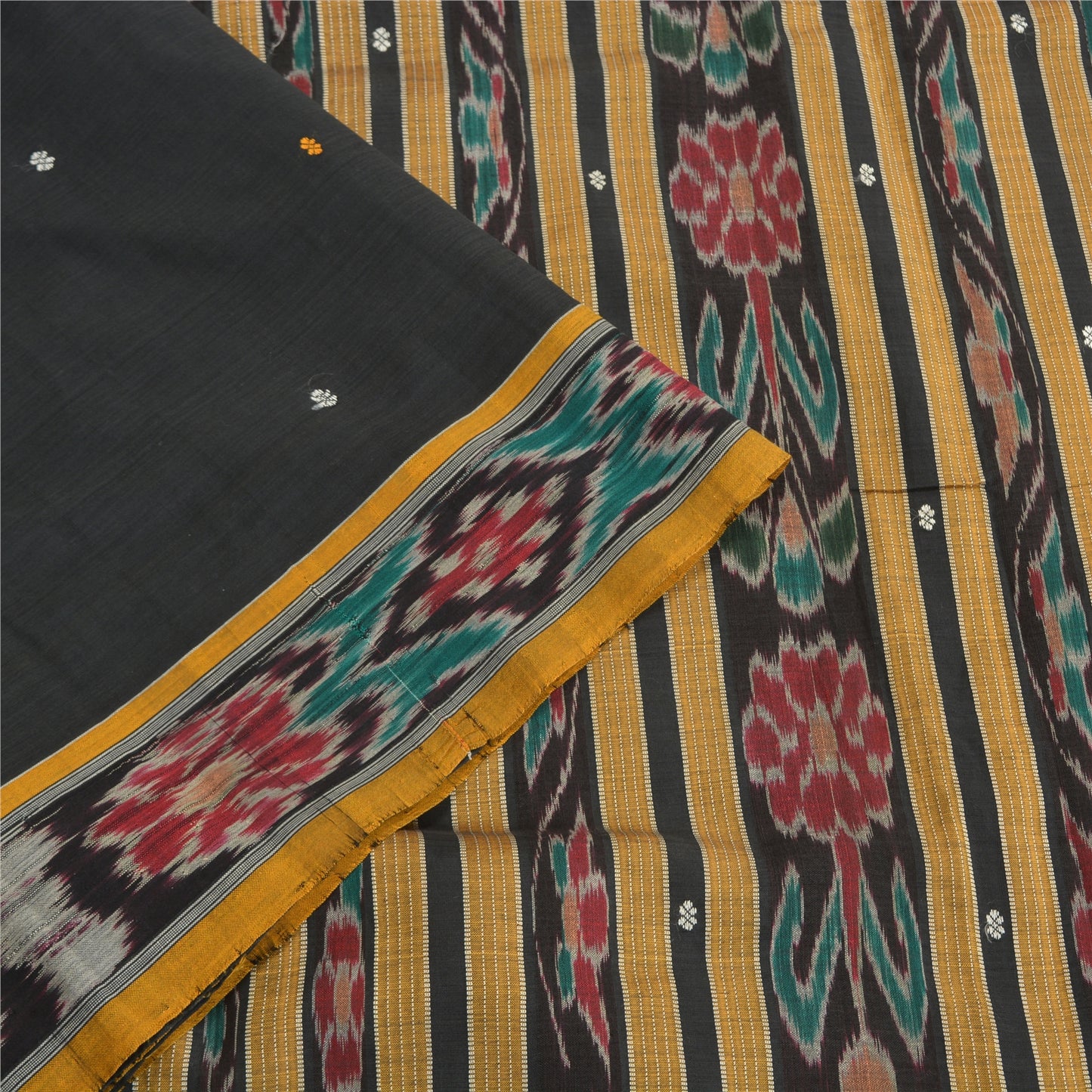 Sanskriti Vintage Saree Black Odisha Hand Woven Ikat Pure Cotton Sari 5yd Sustainable Fabric