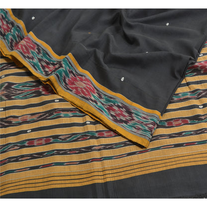 Sanskriti Vintage Saree Black Odisha Hand Woven Ikat Pure Cotton Sari 5yd Sustainable Fabric