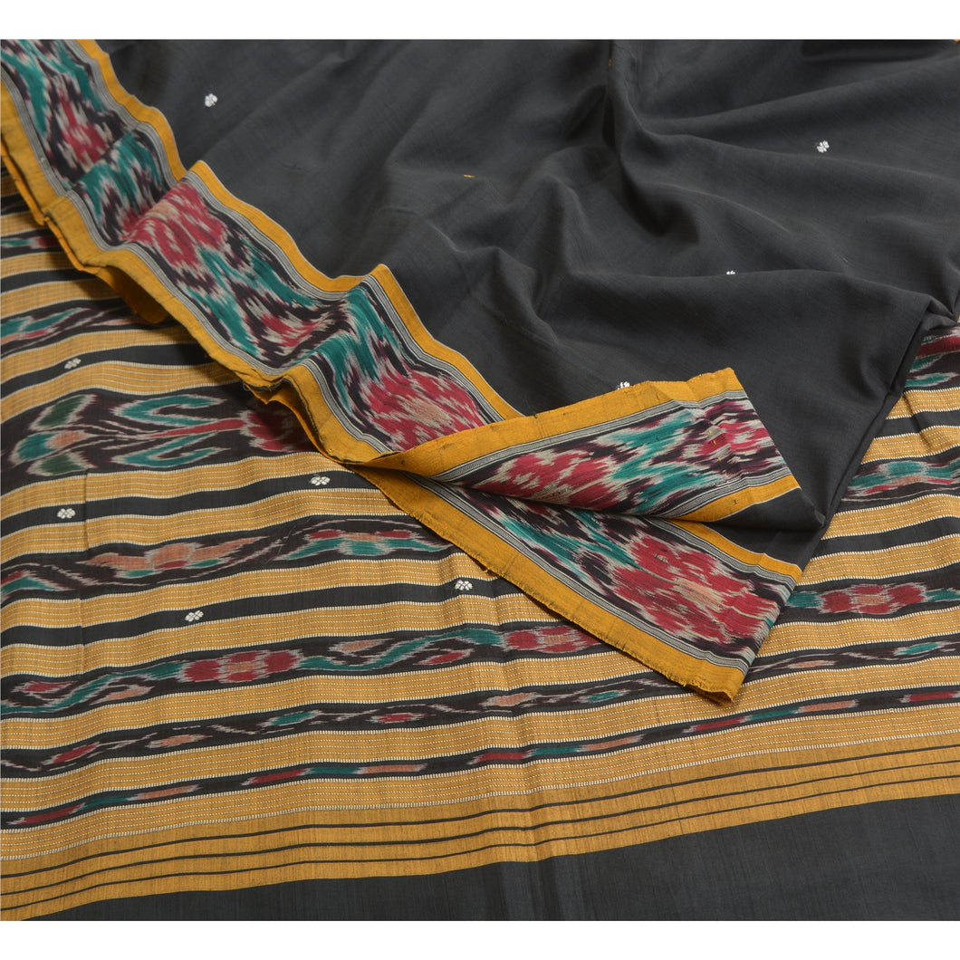 Sanskriti Vintage Saree Black Odisha Hand Woven Ikat Pure Cotton Sari 5yd Fabric