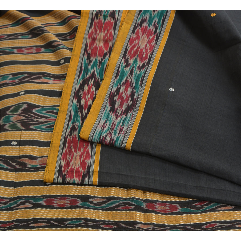 Sanskriti Vintage Saree Black & Yellow 100% Pure Cotton Dress Meterial Supplies Odisha Hand Woven Ikat Saree 5+Yd Craft Fabric Sari