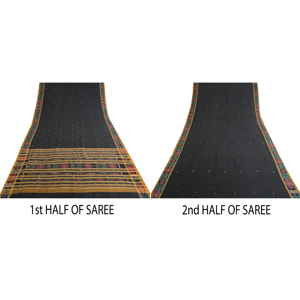 Sanskriti Vintage Saree Black & Yellow 100% Pure Cotton Dress Meterial Supplies Odisha Hand Woven Ikat Saree 5+Yd Craft Fabric Sari