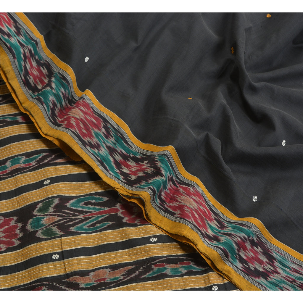 Sanskriti Vintage Saree Black & Yellow 100% Pure Cotton Dress Meterial Supplies Odisha Hand Woven Ikat Saree 5+Yd Craft Fabric Sari