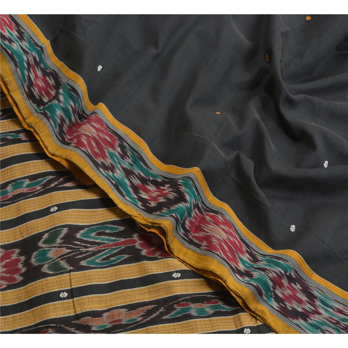 Sanskriti Vintage Saree Black Odisha Hand Woven Ikat Pure Cotton Sari 5yd Sustainable Fabric