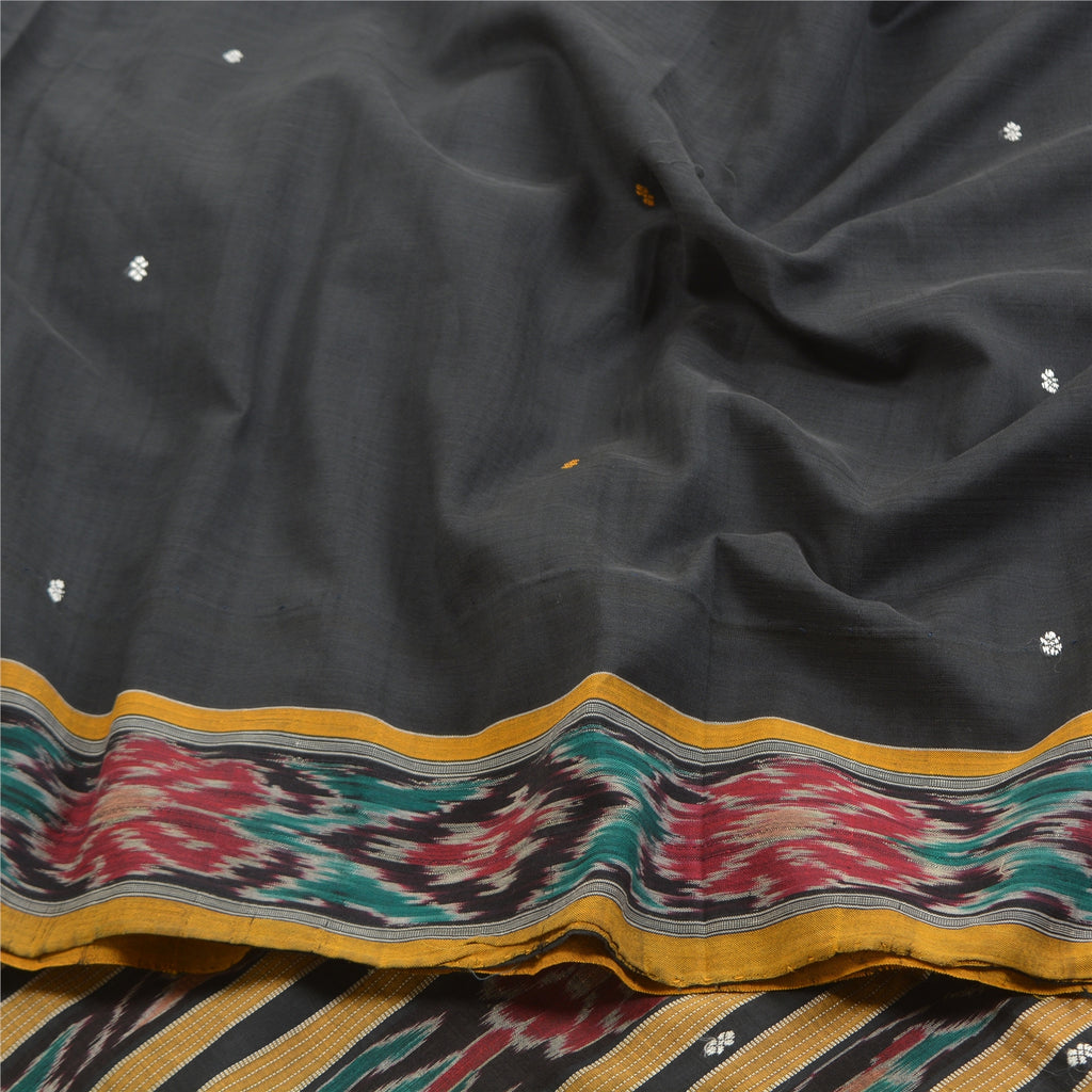 Sanskriti Vintage Saree Black & Yellow 100% Pure Cotton Dress Meterial Supplies Odisha Hand Woven Ikat Saree 5+Yd Craft Fabric Sari