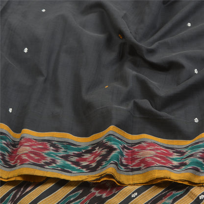 Sanskriti Vintage Saree Black Odisha Hand Woven Ikat Pure Cotton Sari 5yd Sustainable Fabric