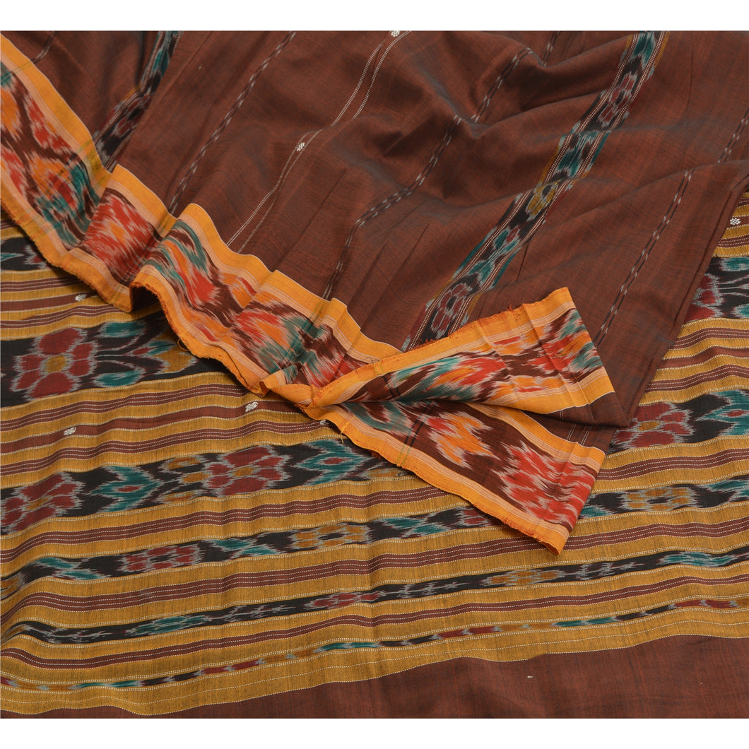 Sanskriti Vintage Saree Brown Odisha Hand Woven Ikat Pure Cotton Sari 5yd Fabric