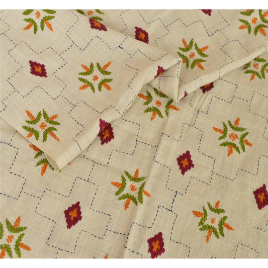 Sanskriti Vintage Hand Embroidered Woolen Shawl Cream Stole Floral