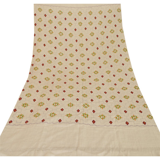 Sanskriti Vintage Hand Embroidered Woolen Shawl Cream Stole Floral