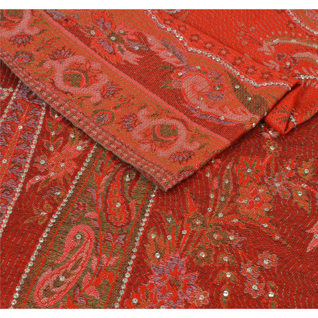 Sanskriti Vintage Hand Beaded Woven Viscose Shawl Red Stole Sequins Paisley