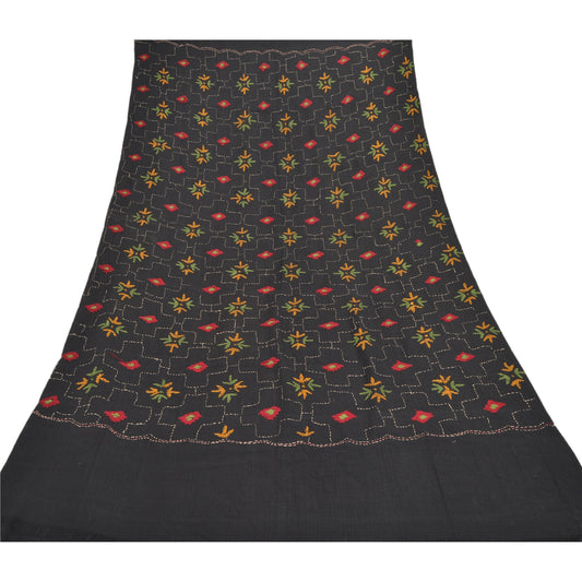 Sanskriti Vintage Hand Embroidered Woolen Shawl Black Stole Floral