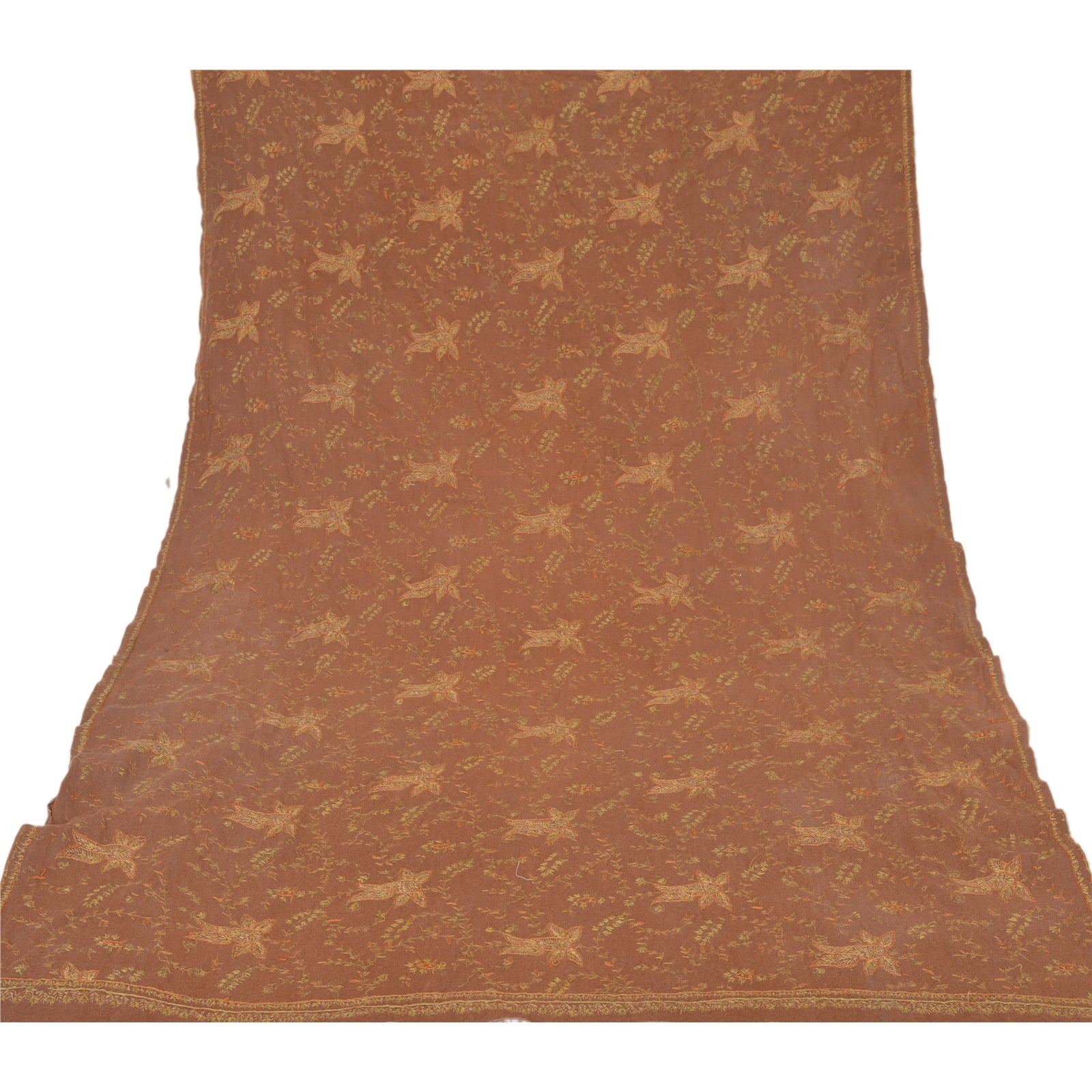 Sanskriti Vintage Hand Embroidered Woolen Shawl Brown Sozni Stole Floral