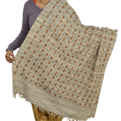 Sanskriti Vintage Hand Embroidered Cotton Shawl Cream Stole Floral