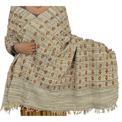 Sanskriti Vintage Hand Embroidered Cotton Shawl Cream Stole Floral