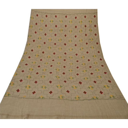 Sanskriti Vintage Hand Embroidered Woolen Shawl Grey Stole Floral