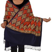 Load image into Gallery viewer, Sanskriti New Indian Scarf Hand Embroidered Aari Work Polywool Shawl Blue Stole
