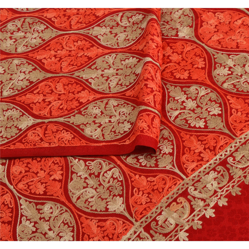 Sanskriti New Scarf Hand Embroidered Aari Work Polywool Shawl Dark Red Stole