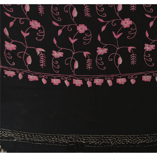 Sanskriti Vintage Hand Embroidered Woolen Shawl Black Stole Floral