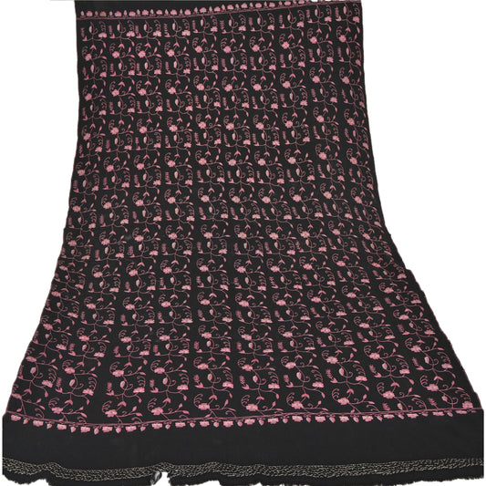 Sanskriti Vintage Hand Embroidered Woolen Shawl Black Stole Floral