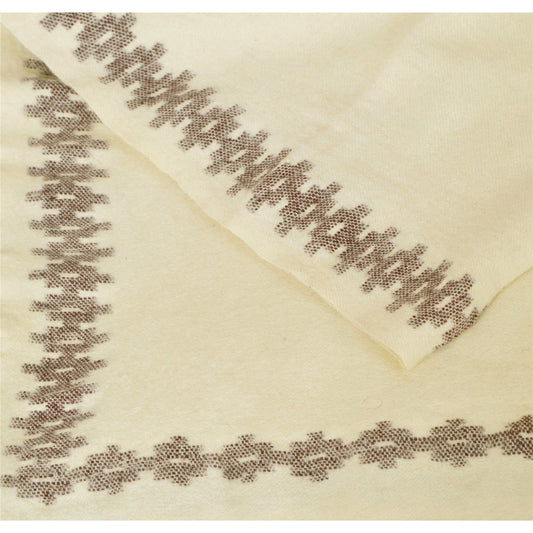 Sanskriti vintage Cream Woolen Shawl Geometric Woven Scarf Neck Head Stole Veil