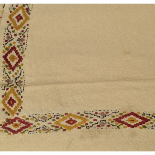 Sanskriti Vintage Hand Embroidered Woolen Shawl Cream Stole Floral