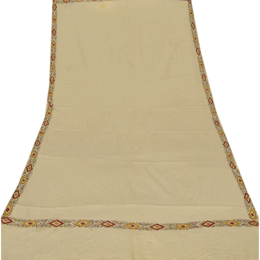 Sanskriti Vintage Hand Embroidered Woolen Shawl Cream Stole Floral
