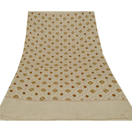 Sanskriti Vintage Hand Embroidered Woolen Shawl Cream Stole Floral