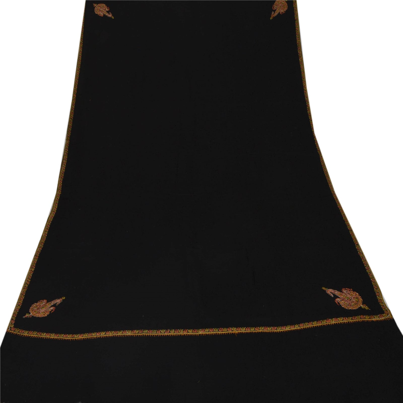 Sanskriti Vintage Hand Embroidered Woolen Shawl Black Sozni Stole Paisley
