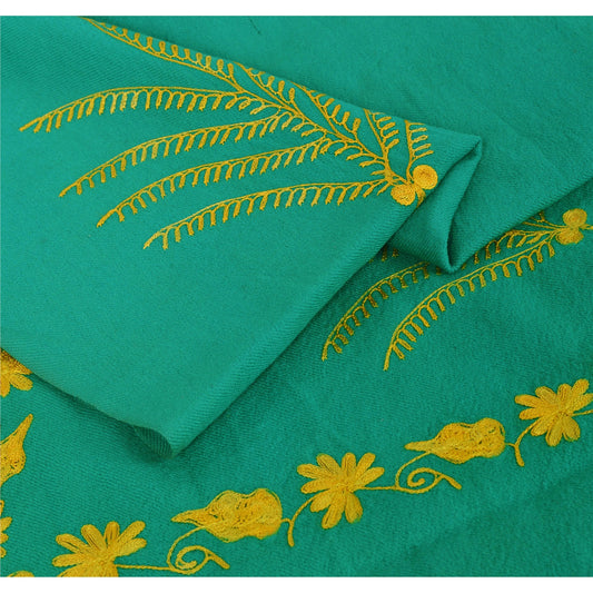 Sanskriti Vintage Green Woolen Shawl Hand Embroidered Aari Stole/Scarf/Hijab