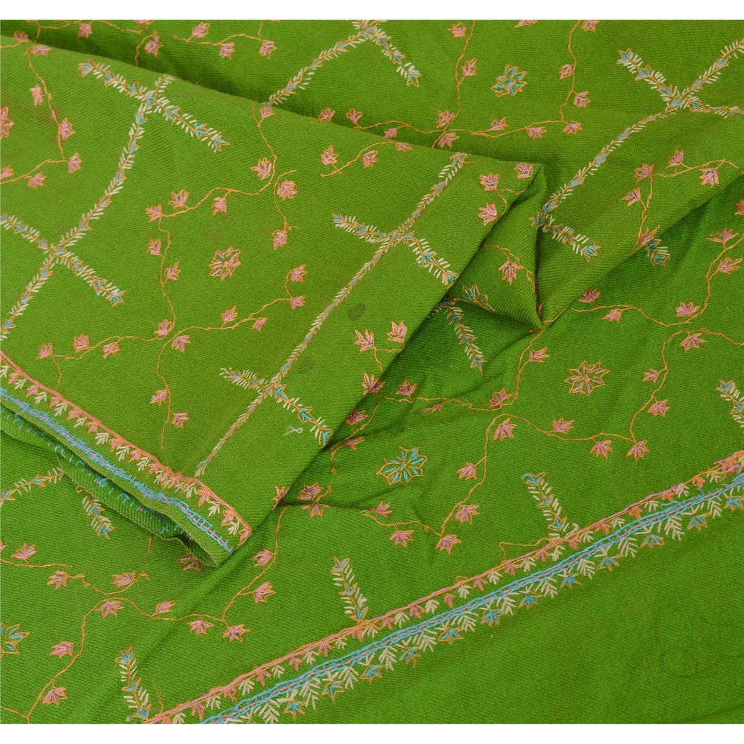Sanskriti Vintage Green Woolen Shawl Hand Embroidered Suzani Stole/Scarf/Hijab