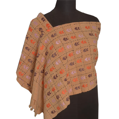 Sanskriti Vintage Cream 100% Pure Handloom Shawl Hand Embroidered Woven Stole Scarf