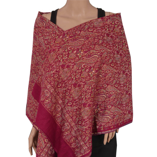 Sanskriti Vintage Red Woolen Shawl Woven Work Long Stole Soft Scarf Floral