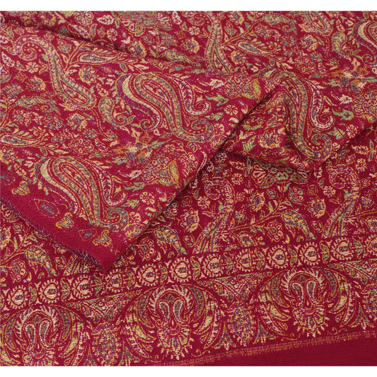 Sanskriti Vintage Red Woolen Shawl Woven Work Long Stole Soft Scarf Floral