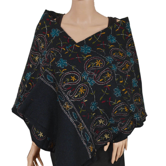 Sanskriti Vintage Black Hand Embroidered Woolen Shawl Kantha Work Stole Scarf
