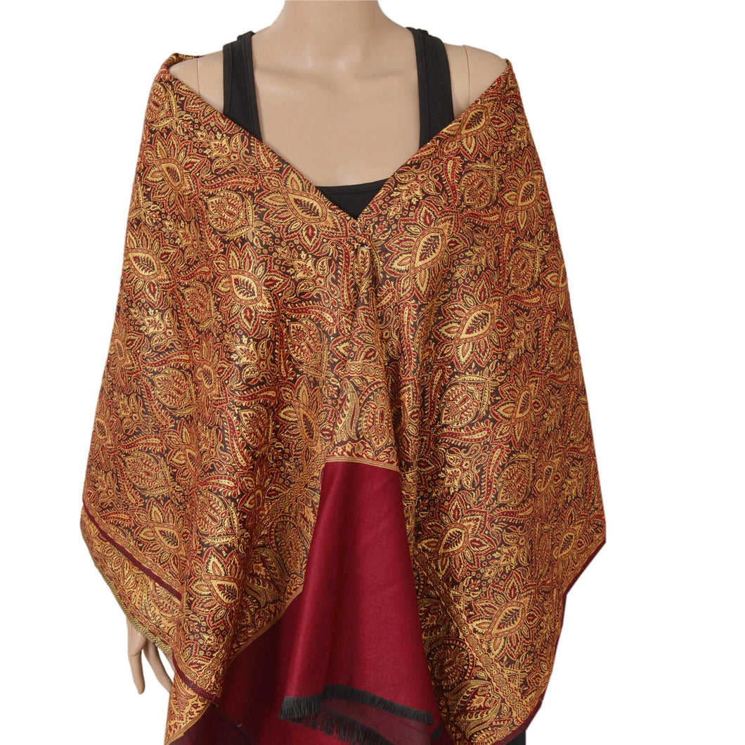 Sanskriti Vintage Red Woolen Shawl Woven Work Long Stole Soft Scarf Floral
