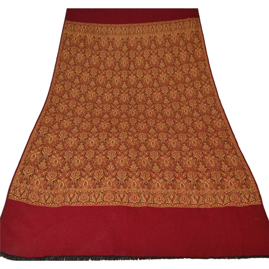 Sanskriti Vintage Red Woolen Shawl Woven Work Long Stole Soft Scarf Floral