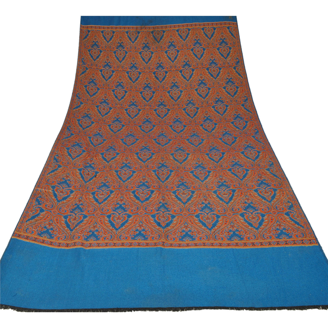 Sanskriti Vintage Blue Woolen Shawl Woven Work Long Stole Soft Scarf Floral