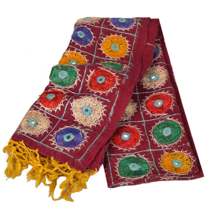 Sanskriti Vintage Red Cotton Shawl Kutch Work Long Stole Scarf Floral Mirror