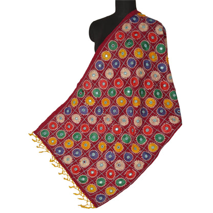 Sanskriti Vintage Red Cotton Shawl Kutch Work Long Stole Scarf Floral Mirror