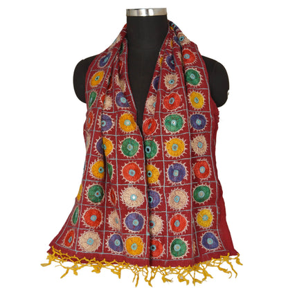 Sanskriti Vintage Red Cotton Shawl Kutch Work Long Stole Scarf Floral Mirror