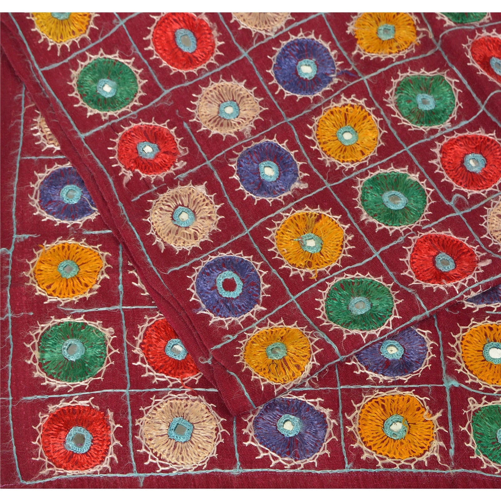 Sanskriti Vintage Red Cotton Shawl Kutch Work Long Stole Scarf Floral Mirror