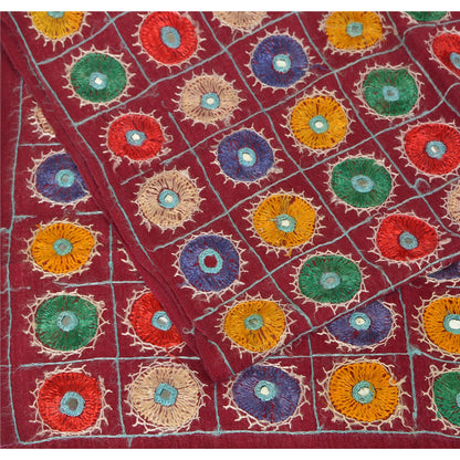 Sanskriti Vintage Red Cotton Shawl Kutch Work Long Stole Scarf Floral Mirror