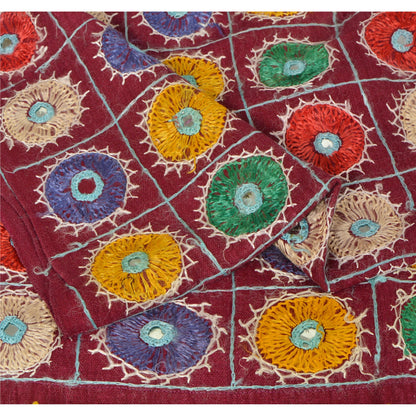Sanskriti Vintage Red Cotton Shawl Kutch Work Long Stole Scarf Floral Mirror